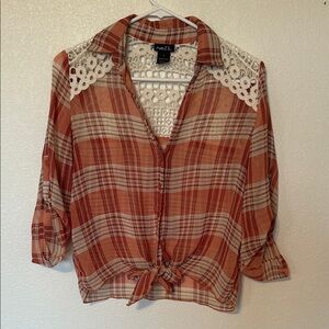 Rue21 Cute Red and White Plaid Blouse with Lace Details